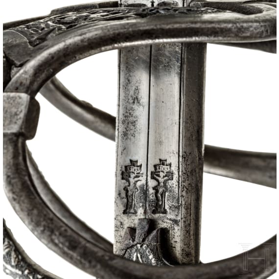 Bedeutendes Prunkrapier mit silbertauschiertem Gefäß, deutsch, datiert 1617