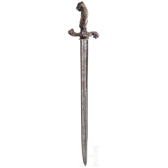 An important German deluxe hunting hanger with handle and guard made of finely carved rhinoceros horn, circa 1680