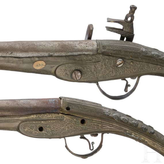 Ein Paar Miquelet-Steinschlosspistolen, sog. "Rattenschwanzpistolen", Albanien, um 1850