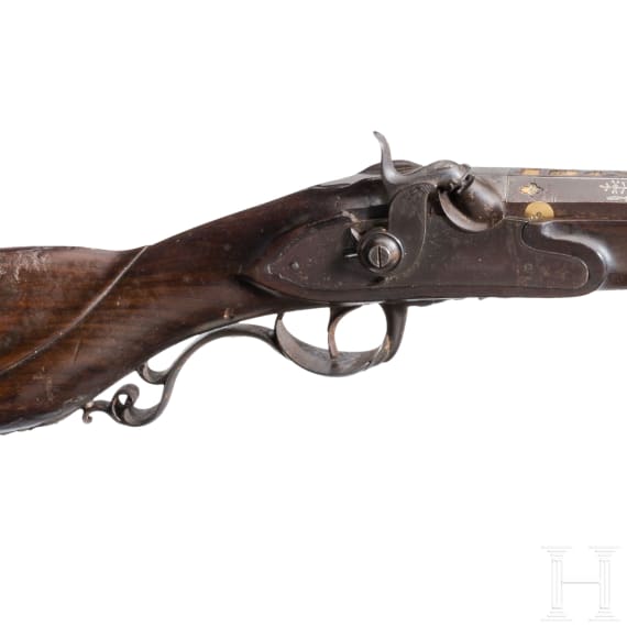 Perkussions-Miqueletflinte, unter Verwendung eines &auml;lteren Steinschlosslaufs, Eibar, um 1860