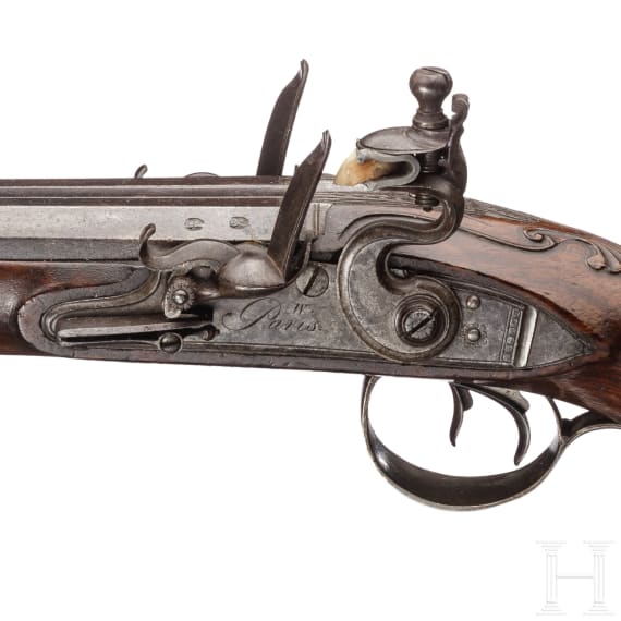 Doppell&auml;ufige Steinschlosspistole, W. Paris, Derby, um 1795