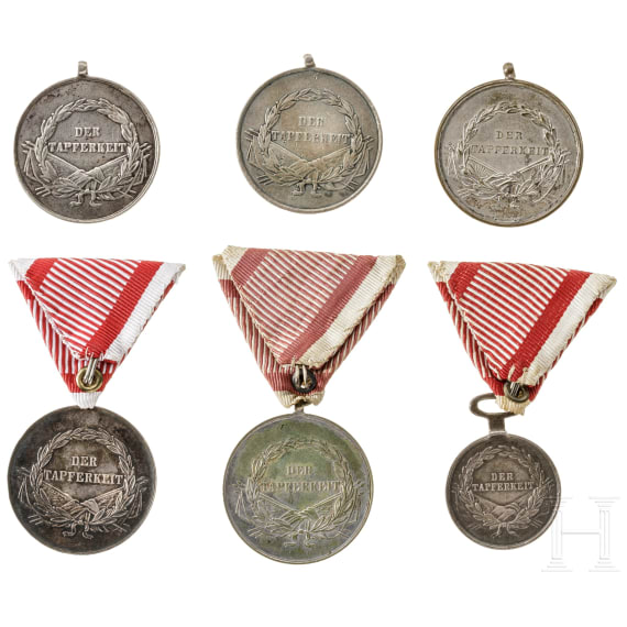 Sechs silberne Tapferkeitsmedaillen aus der Regierungszeit von Kaiser Franz Joseph I., 1848 - 1916