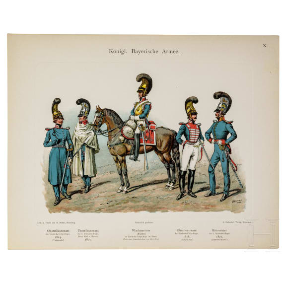70 Bildtafeln: "Die Organisation, Bekleidung, Ausr&uuml;stung und Bewaffnung der k&ouml;niglich bayerischen Armee von 1806 bis 1906 nach amtlichen Quellen bearbeitet"; K. M&uuml;ller und L. Braun; A. Oehrlein's Verlag, M&uuml;nchen, 1899-1906