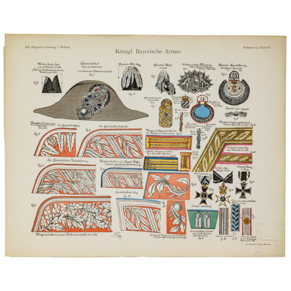 70 Bildtafeln: "Die Organisation, Bekleidung, Ausr&uuml;stung und Bewaffnung der k&ouml;niglich bayerischen Armee von 1806 bis 1906 nach amtlichen Quellen bearbeitet"; K. M&uuml;ller und L. Braun; A. Oehrlein's Verlag, M&uuml;nchen, 1899-1906