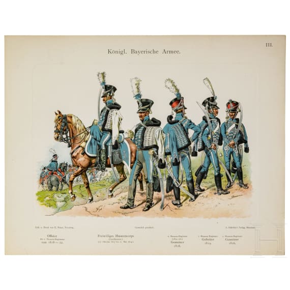 70 Bildtafeln: "Die Organisation, Bekleidung, Ausr&uuml;stung und Bewaffnung der k&ouml;niglich bayerischen Armee von 1806 bis 1906 nach amtlichen Quellen bearbeitet"; K. M&uuml;ller und L. Braun; A. Oehrlein's Verlag, M&uuml;nchen, 1899-1906