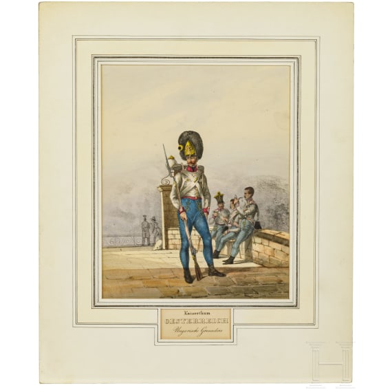Aquarell und sechs Lithos zu deutscher Uniformgrafik, 19. Jhdt.