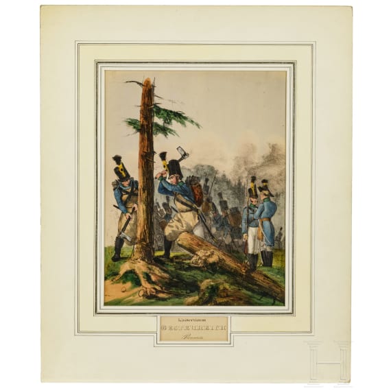 Aquarell und sechs Lithos zu deutscher Uniformgrafik, 19. Jhdt.