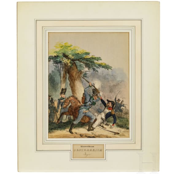 Aquarell und sechs Lithos zu deutscher Uniformgrafik, 19. Jhdt.