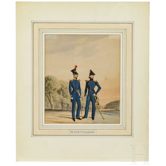Aquarell und sechs Lithos zu deutscher Uniformgrafik, 19. Jhdt.