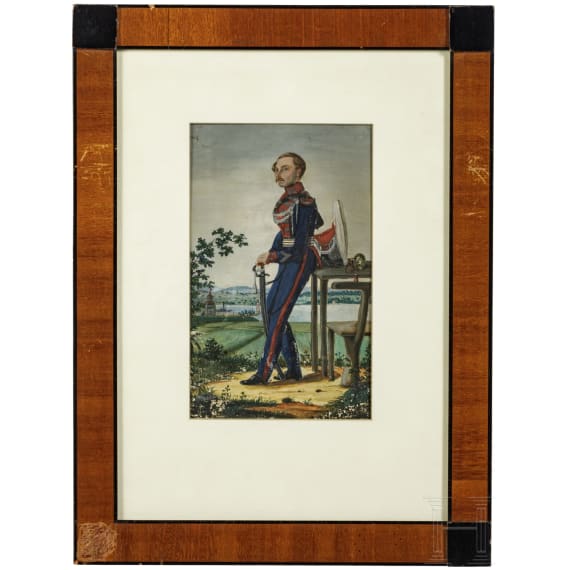 Aquarell und sechs Lithos zu deutscher Uniformgrafik, 19. Jhdt.