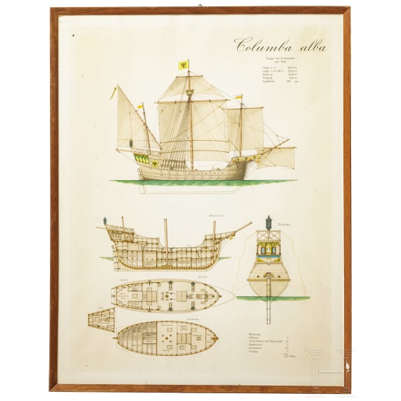 Acht gerahmte Drucke von Segelschiffen, deutsch, 1950er Jahre