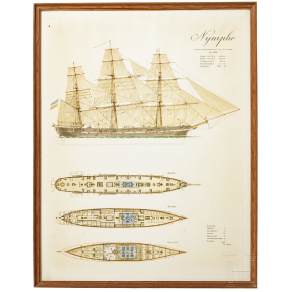 Acht gerahmte Drucke von Segelschiffen, deutsch, 1950er Jahre