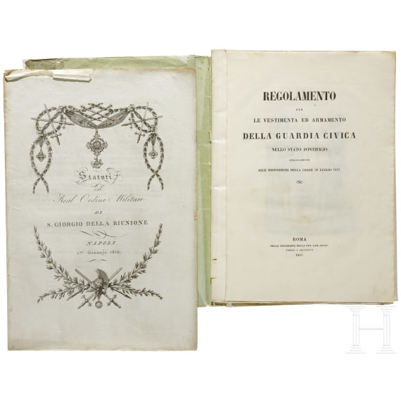 Zwei italienische Statuten f&uuml;r St.-Georgs-Orden und Vorschriften f&uuml;r die Einkleidung und Bewaffnung der Zivilgarde, datiert 1819 und 1847
