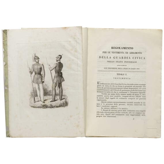Zwei italienische Statuten für St.-Georgs-Orden und Vorschriften für die Einkleidung und Bewaffnung der Zivilgarde, datiert 1819 und 1847