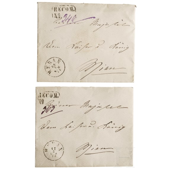 Empress Elisabeth of Austria - two personally addressed and sealed envelopes to the Emperor from Meran, circa 1870