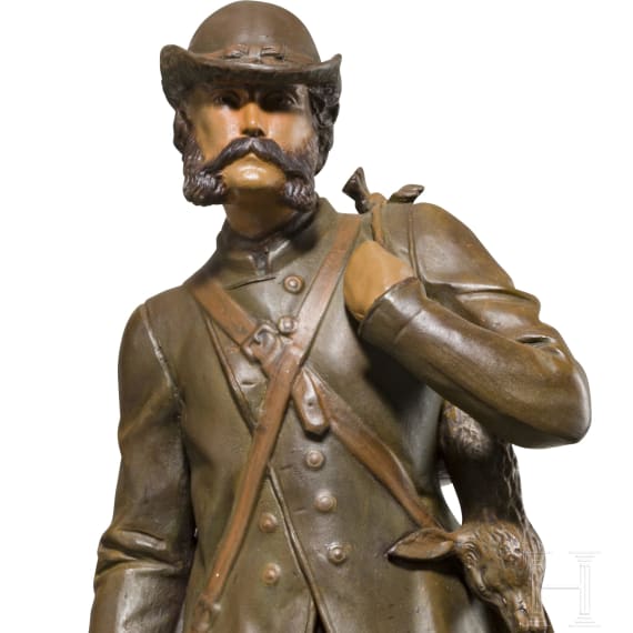 Kaiser Franz Joseph I. von &Ouml;sterreich &ndash; farbig gefasste Keramikfigur des Kaisers als J&auml;ger