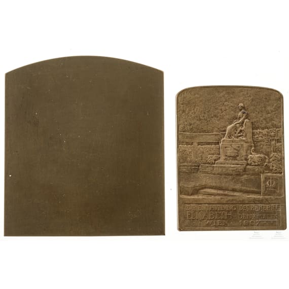 Zwei Rudolf-Neuberger-Bronzeplaketten "Zur Enth&uuml;llung des Kaiserin Elisabeth Denkmals Wien 1907" bzw. mit Portrait Kaiser Franz Josephs, 1902