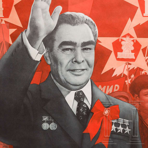 Three-part propaganda poster, Leonid Breschnew, 1970s