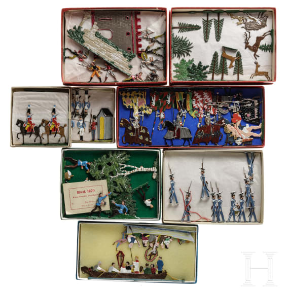 Approx. 95 tin figures by Babette Schweizer - "Bavarian work" with knights, dragoons, infantry, militia, camp soldiers and Rokoko hunting figures
