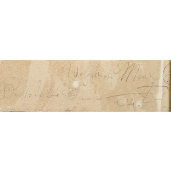 Adolph von Menzel - Druck mit Ausspruch Friedrichs den Gro&szlig;en und Autograf, datiert 1904