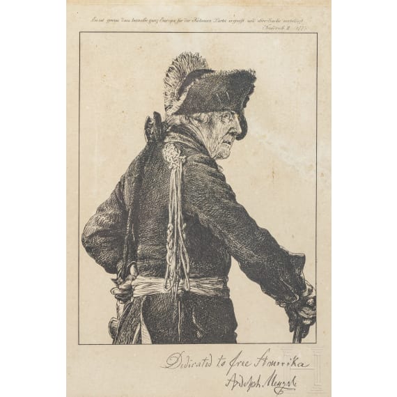 Adolph von Menzel - Druck mit Ausspruch Friedrichs den Gro&szlig;en und Autograf, datiert 1904