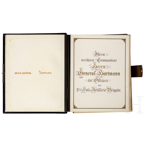 Gro&szlig;es Pracht-Fotoalbum als Geschenk der Offiziere der 2. Fu&szlig;artillerie-Brigade an ihren General Julius Hartmann, datiert 1881