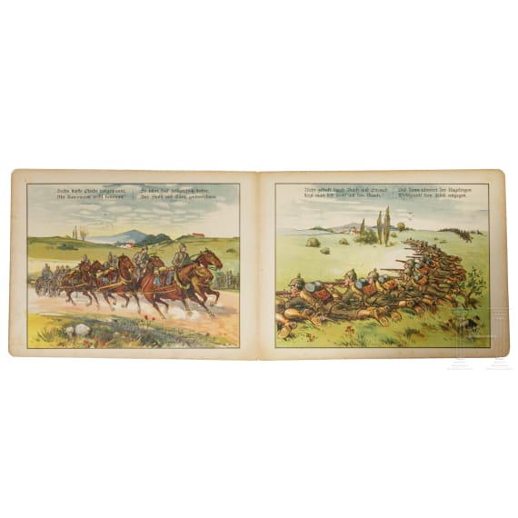 Zwei Kinder-Bilderbücher "Wir müssen siegen" und "Kriegs-Bilderbuch", eine Tasse " Hindenburg", eine Schale" Erinnerung an Kriegsjahre 1914/18 und 4 Erinnerungsblätter mit Spenden 1916