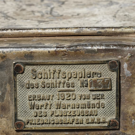A lockable iron container for "ship papers of the ship no. 137 - constructed in 1920 by the boatyard Warnemünde of the Flugzeugbau Friedrichshafen GmbH"