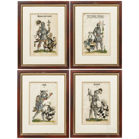 Four German coloured engravings, 16th century