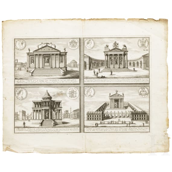 Six German and French copper engravings showing architectural depictions, 18th century