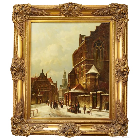 A winterly street scene in front of a church, 19th century