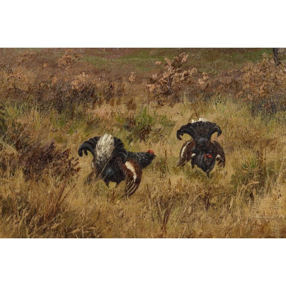 August M&ouml;tsch (1869 - 1952) - Heidelandschaft mit zwei k&auml;mpfenden Birkh&auml;hnen, deutsch, 20. Jhdt.