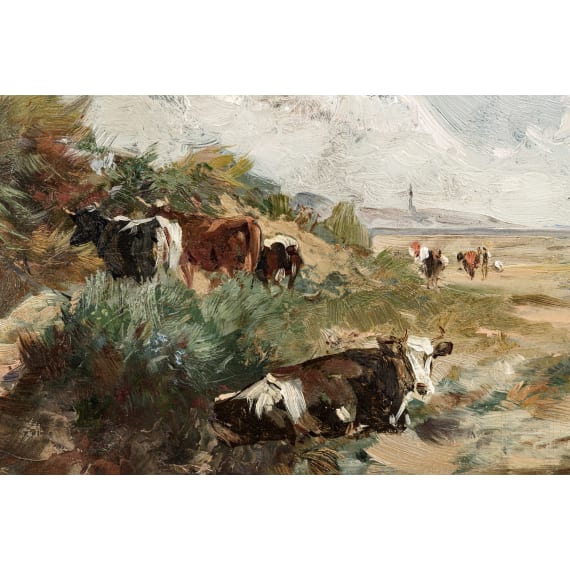 Gem&auml;lde "K&uuml;he am Strand", deutsch oder Niederlande, um 1900