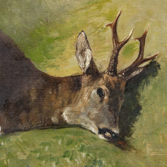 "Dackel mit erlegtem Rehbock", bezeichnet Ludwig Volz