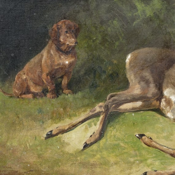 "Dackel mit erlegtem Rehbock", bezeichnet Ludwig Volz