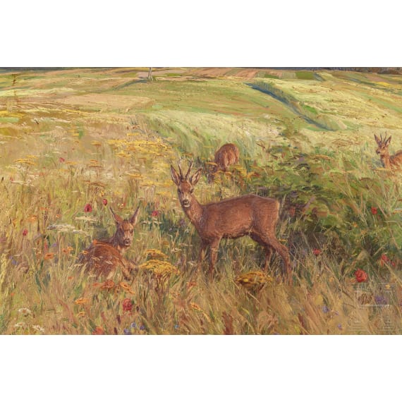 Albert Holz - Wiesenlandschaft mit Rehen, D&uuml;sseldorf, 20. Jhdt.