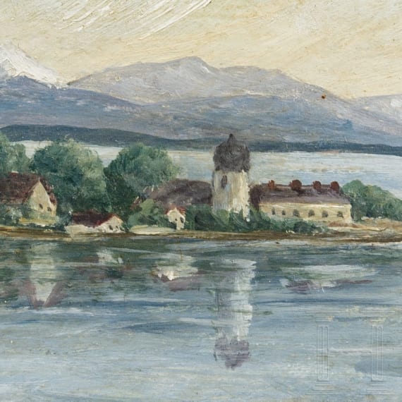 Blick auf die Fraueninsel mit den Chiemgauer Alpen, datiert 1912