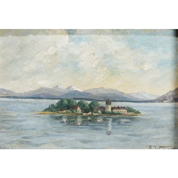 Blick auf die Fraueninsel mit den Chiemgauer Alpen, datiert 1912