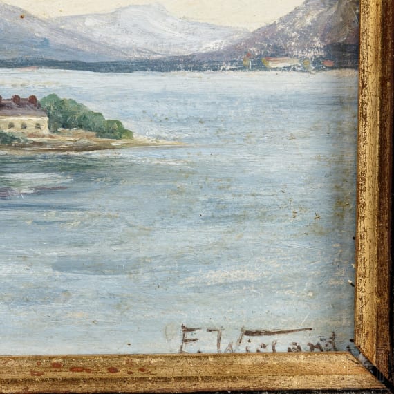 Blick auf die Fraueninsel mit den Chiemgauer Alpen, datiert 1912