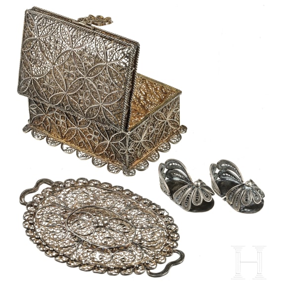 Three Portuguese or colonial Portuguese filigree objects, 19th century