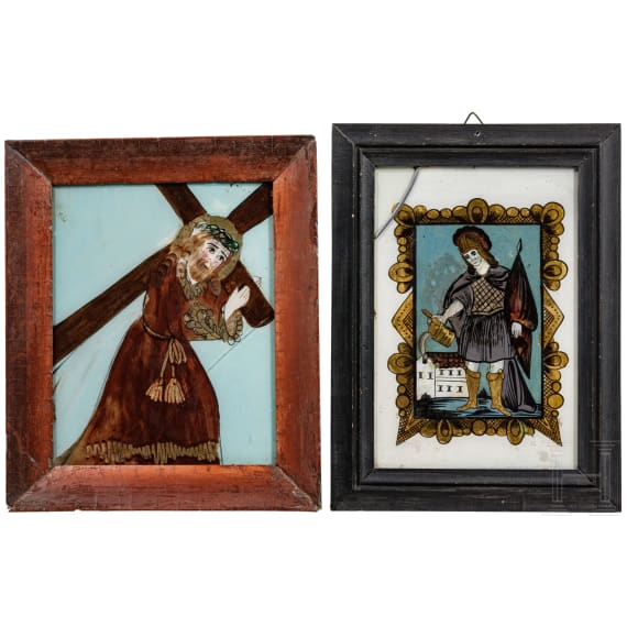 An Alpine painting and five reverse glass paintings, 19th century