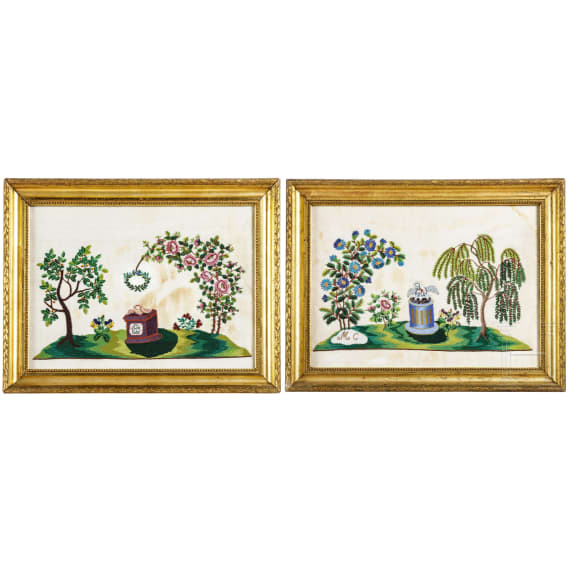 A framed pair of French or Swiss pearl embroideries, circa 1830/40