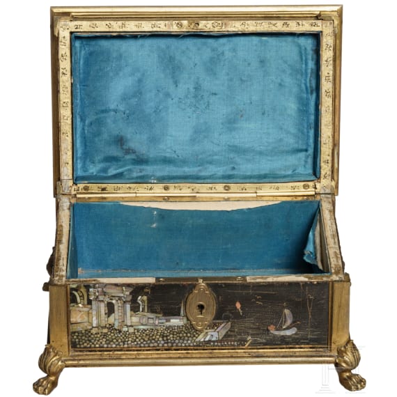 A German brass-mounted wooden lacquer mother-of-pearl inlay casket, probably Dresden, 18th century