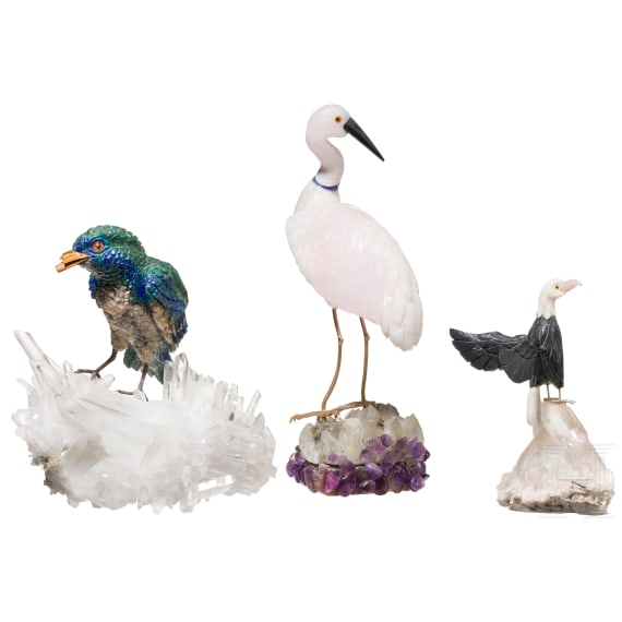 Three German birdscultures made of semi-precious stones, 20th century