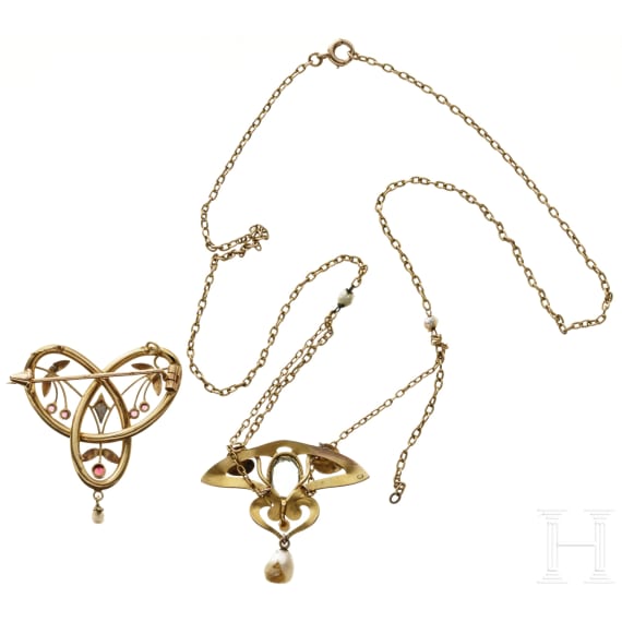 Kette mit Jugendstil-Anh&auml;nger und Brosche, um 1900