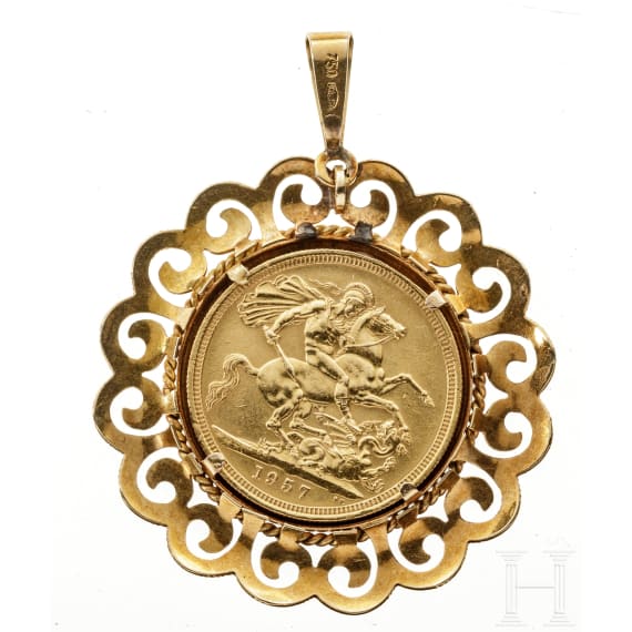 Anh&auml;nger mit Goldm&uuml;nze mit Portrait Elisabeths II., M&uuml;nze datiert 1957