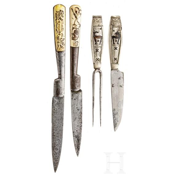 Zwei Besteckteile und zwei Klappmesser, 19. Jhdt.