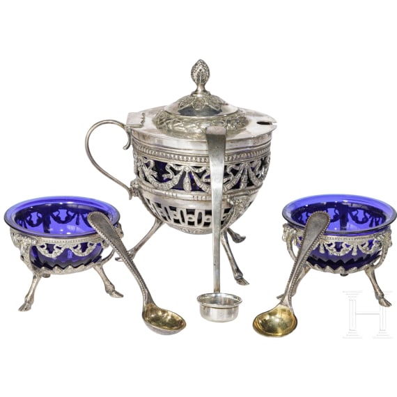 F&uuml;nf silberne Gew&uuml;rzsch&auml;lchen, drei Eier- und zwei Schnapsbecher, deutsch, um 1890/1900