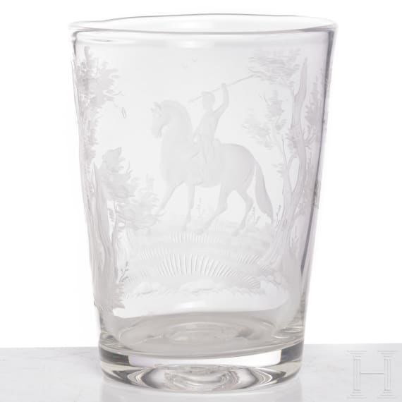 A large Bohemian glass beaker with bear hunting motive, circa 1820