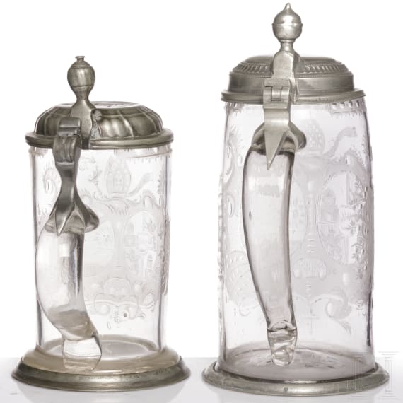 Zwei Walzenkr&uuml;ge mit Zinnmontierung, Sachen, datiert 1794/18. Jhdt.